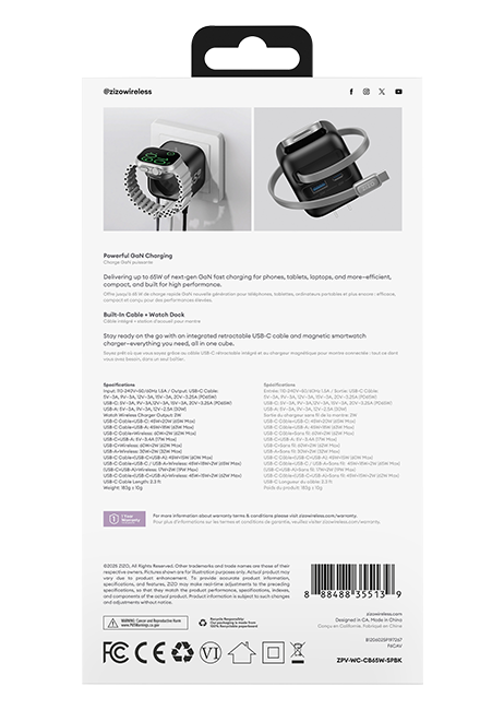 Zizo 65W 4in1 Wall Charger with Apple Watch Charger Retractable Cable Dual USB Ports C and A