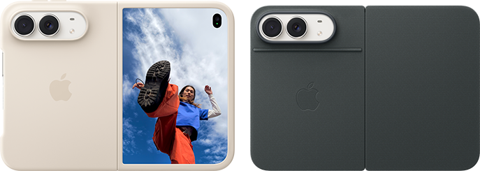 iPhone Duo, Star White color in Sand Silicone Case, landscape orientation, fully opened horizontally, Dual Fusion cameras on the top left, case covers the back exterior and outer edge of the front display, right side features portrait of person on outer display. iPhone Duo, Star White color, fully opened horizontally, Navy Blue Folio with Kickstand, fully opened horizontally, back exterior featuring the 48MP Dual Fusion rear cameras, two lenses