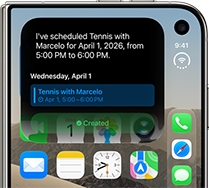 iPhone Duo, folded, outer display shows Siri AI notification indicating a calendar update