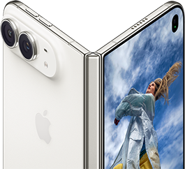 iPhone Duo, partially open like a book with hinge mechanism in the center, exterior back panel on the left features an Apple logo and dual-camera, outer display on the right shows a portrait photo of a person with blonde hair