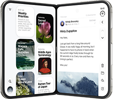 Three iPhone Duo models in various poses side by side: left iPhone Duo propped up in an inverted V-shape resting on its edges with its screen facing outward on the Standby mode with Clock app, center iPhone Duo stands upright in a V-shape on Standby mode with Siri app on left and Messages app on right, right iPhone Duo folded open resting on the bottom panel with the Fitness+ app facing forward