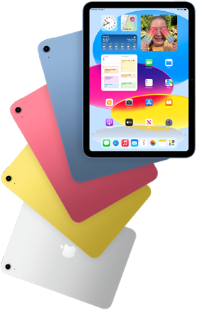 Front view iPad shows home screen, behind are four back facing iPad models in blue, pink, yellow, and silver