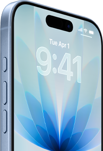 iPhone 17, exterior front, Blue Mist color, Dynamic island centered, buttons: action button, volume