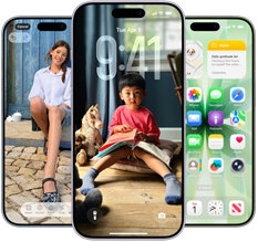 iPhone 17, exterior front, Dynamic Island centered near top, three colors: Mist Blue, Lavender, Sage