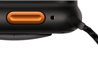 Apple Watch Ultra 3, black color, titanium case, convex sensor on back, left side exterior, Action button, siren