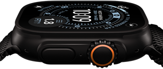 Apple Watch Ultra 3, side exterior, black titanium case, compass on Orienteering watch face, side button and digital crown