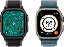 Two Apple Watch Ultra 3 devices, one showing maps and the other showing Backtrack features including compass, elevation, and marked waypoints