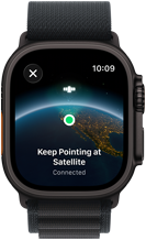 Apple Watch Ultra 3, black color, titanium case, "Keep Pointing at Satellite" over Earth with a location on screen, band, Alpine Loop
