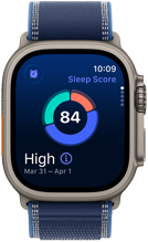Apple Watch Ultra 3, titanium natural case, sleep score screen, breakdown in circle graph, score in center, band, blue Trail Loop